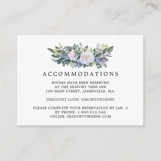 Blue Purple White Floral Wedding Accommodation Enclosure Card (Front)