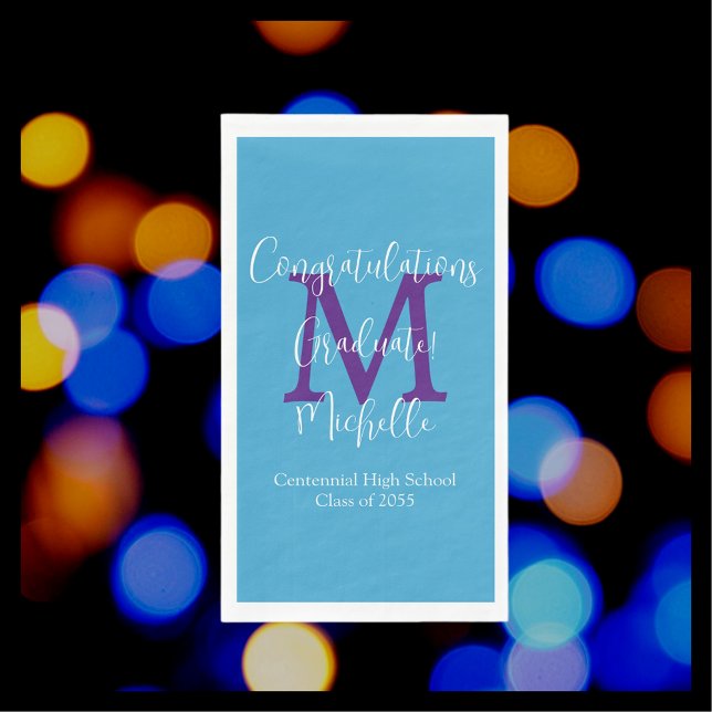 Blue Purple White Graduation Party Name Monogram  Napkin (Creator Uploaded)