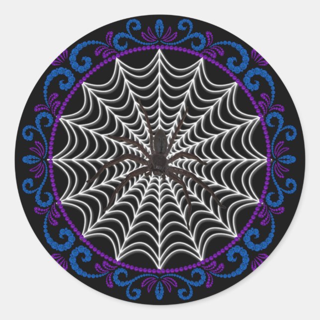 Blue Purple White Spider Web And Black Spider Classic Round Sticker (Front)