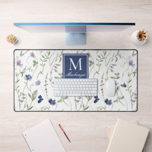 Blue Purple Wildflower Monogram Name Desk Mat