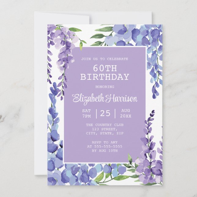Blue Purple Wisteria Floral 60th Birthday  Invitation (Front)