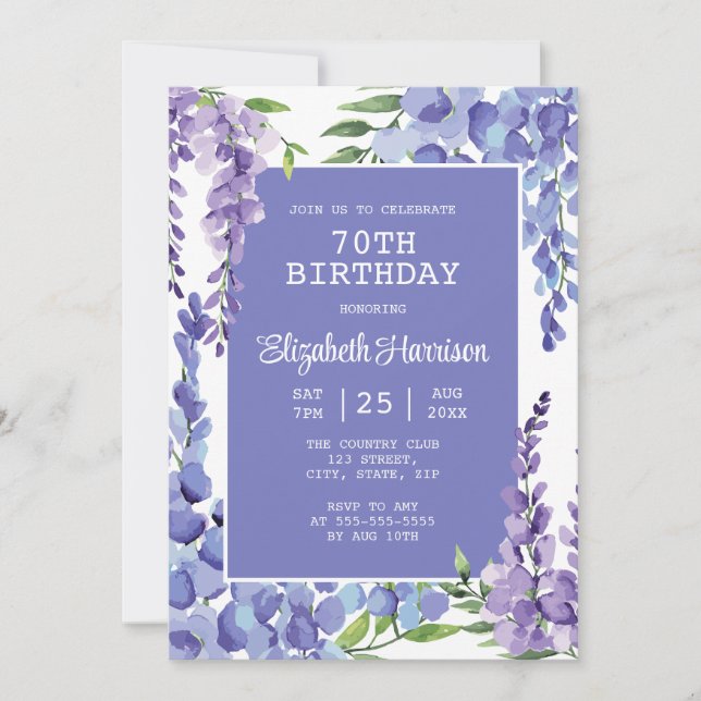 Blue Purple Wisteria Floral 70th Birthday  Invitation (Front)