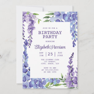 Blue Purple Wisteria Floral Birthday Party Invitation