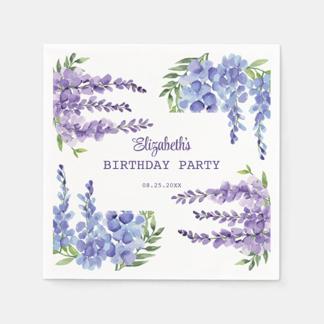 Blue Purple Wisteria Floral Greenery Birthday  Napkin (Front)