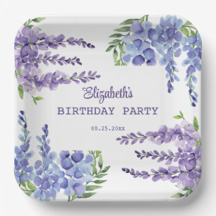 Blue Purple Wisteria Floral Greenery Birthday Paper Plate