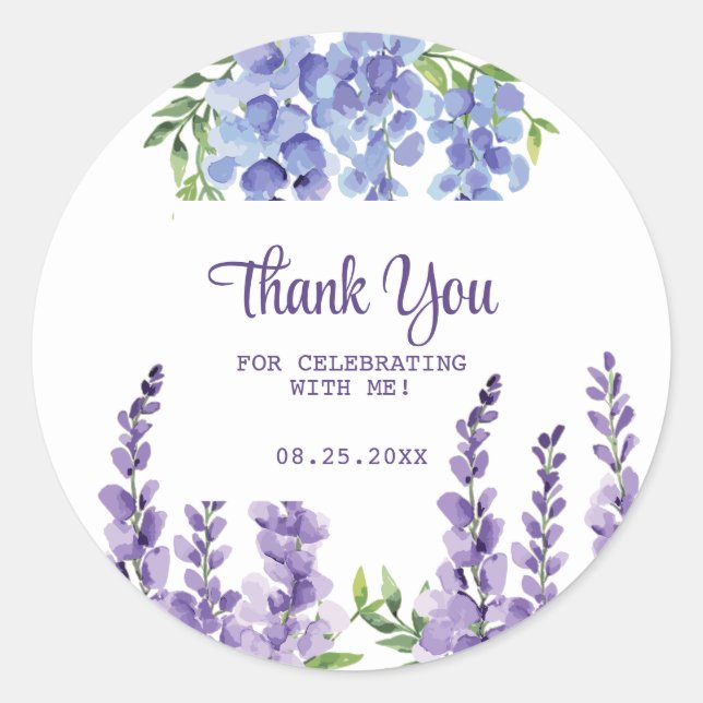 Blue Purple Wisteria Floral Greenery Thank You  Classic Round Sticker (Front)