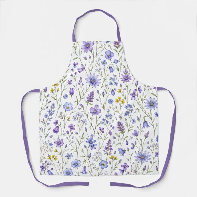 Blue Purple Yellow Watercolor Wildflower Pattern Apron (Front)