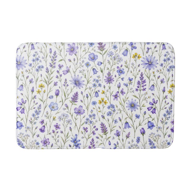 Blue Purple Yellow Watercolor Wildflower Pattern Bath Mat (Front)