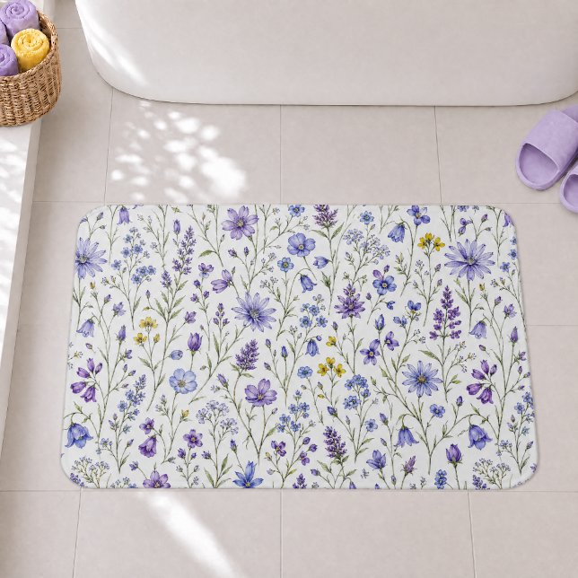 Blue Purple Yellow Watercolor Wildflower Pattern Bath Mat (Creator Uploaded)