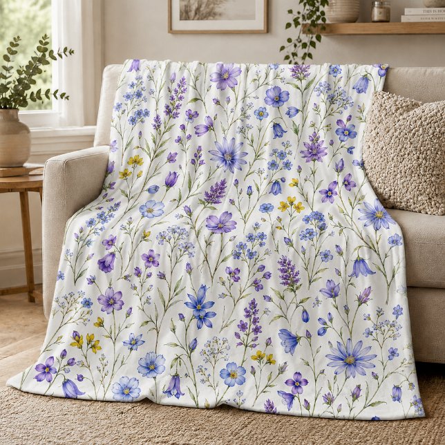 Blue Purple Yellow Watercolor Wildflower Pattern Fleece Blanket (Creator Uploaded)