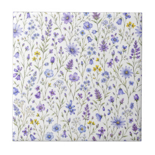 Blue Purple Yellow Watercolor Wildflower Pattern Tile