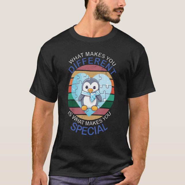 Blue Puzzle Autism Child Awareness Penguin T-Shirt (Front)