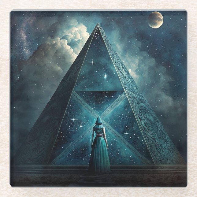 Blue Pyramid Surreal Visionary Art Glass Coaster (Front)