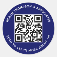 Blue QR Code Stickers Business Name Labels Round