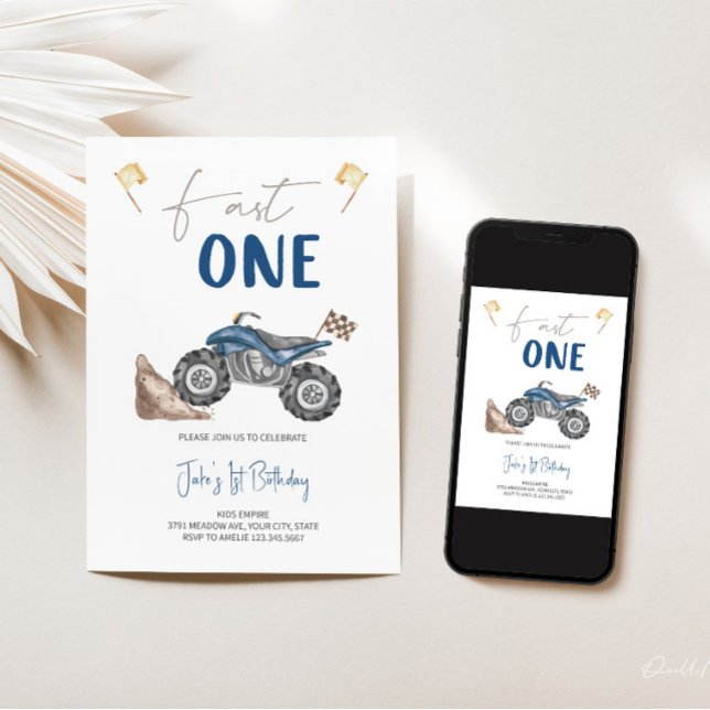 Blue Quad Bike 'Fast One' Birthday Invitation  (Creator Uploaded)
