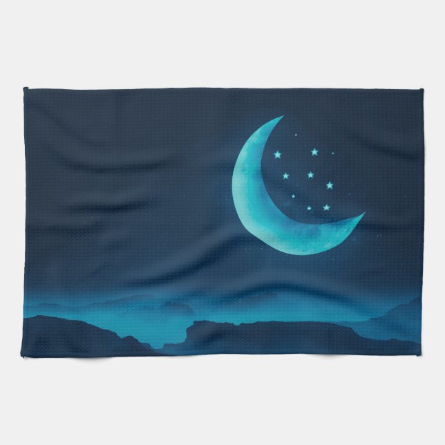 Blue Quarter Moon and Mountains | Kitchen Towel (Horizontal)