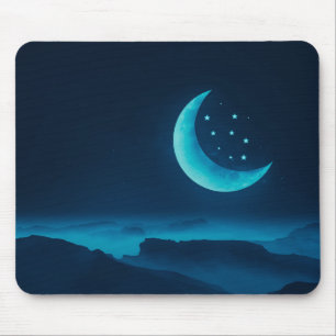 Blue Quarter Moon and Mountains Mouse Pad