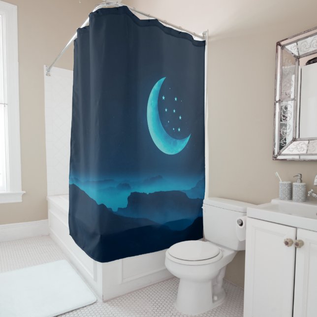 Blue Quarter Moon and Mountains | Shower Curtain (In Situ)