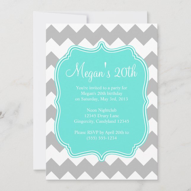Blue Quatrefoil Chevron Birthday Invitation (Front)