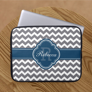 Blue Quatrefoil Monogram Gray Chevron Pattern Laptop Sleeve