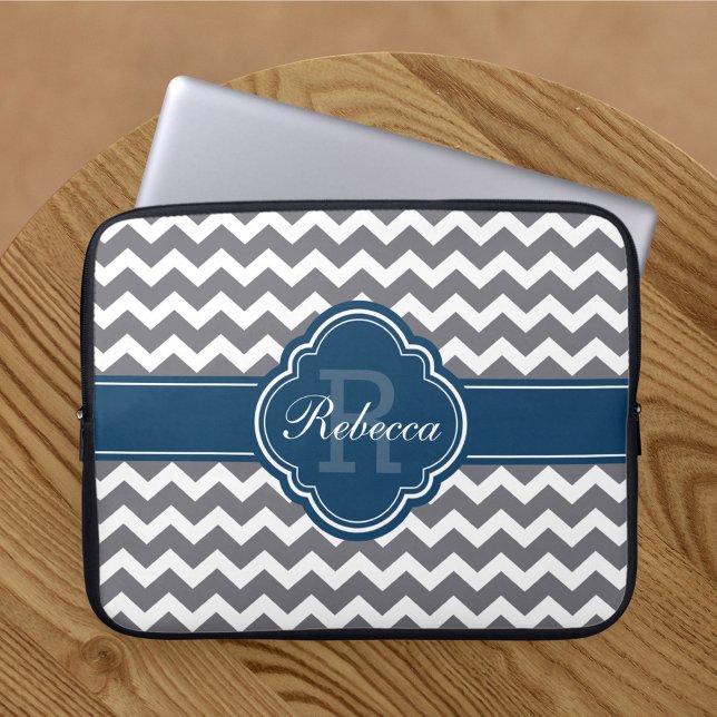 Blue Quatrefoil Monogram Gray Chevron Pattern Laptop Sleeve (Creator Uploaded)