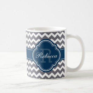 Blue Quatrefoil Monogram Grey Chevron Pattern Coffee Mug