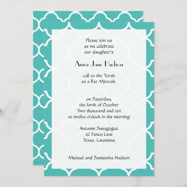 Blue Quatrefoil, Moroccan Trellis, Bat Mitzvah Invitation (Front/Back)