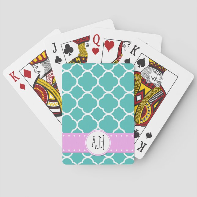 Blue Quatrefoil, Moroccan Trellis, Monogram Playing Cards (Back)