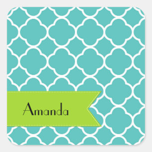 Blue Quatrefoil, Moroccan Trellis, Your Name Square Sticker