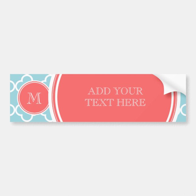 Blue Quatrefoil Pattern, Coral Monogram Bumper Sticker (Front)