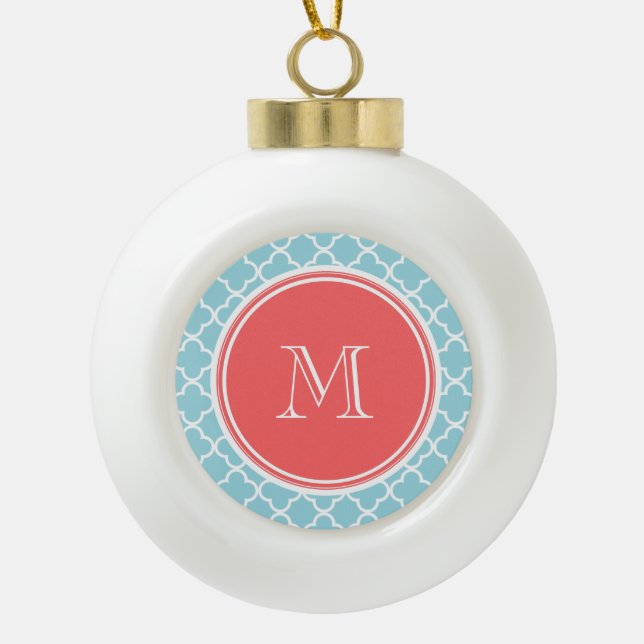 Blue Quatrefoil Pattern, Coral Monogram Ceramic Ball Christmas Ornament (Front)