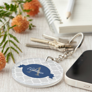 Blue Quatrefoil Personalised Key Ring