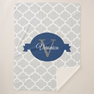 Blue Quatrefoil Personalised Monogram Sherpa Blanket