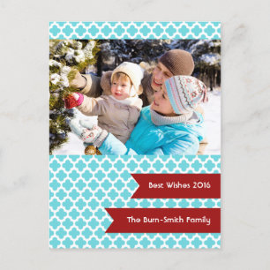 Blue Quatrefoil Photo Holiday Postcard