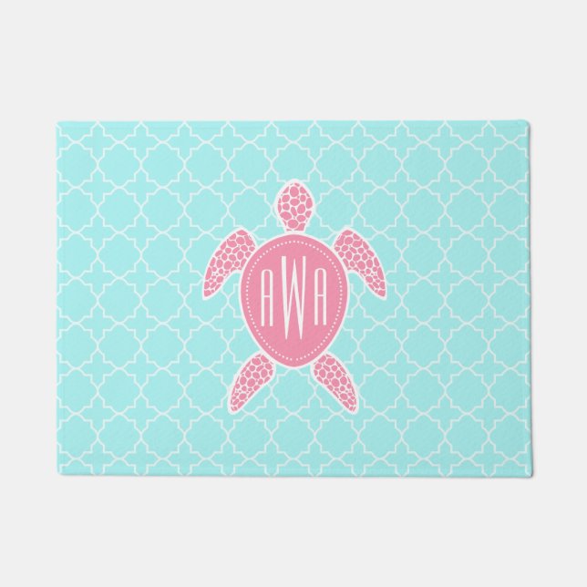 Blue Quatrefoil + Pink Sea Turtle Monogram Doormat (Front)