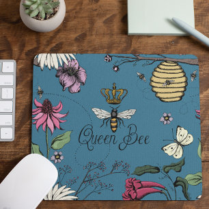 Blue Queen Bee Royal Crown Floral Pattern Mouse Mat