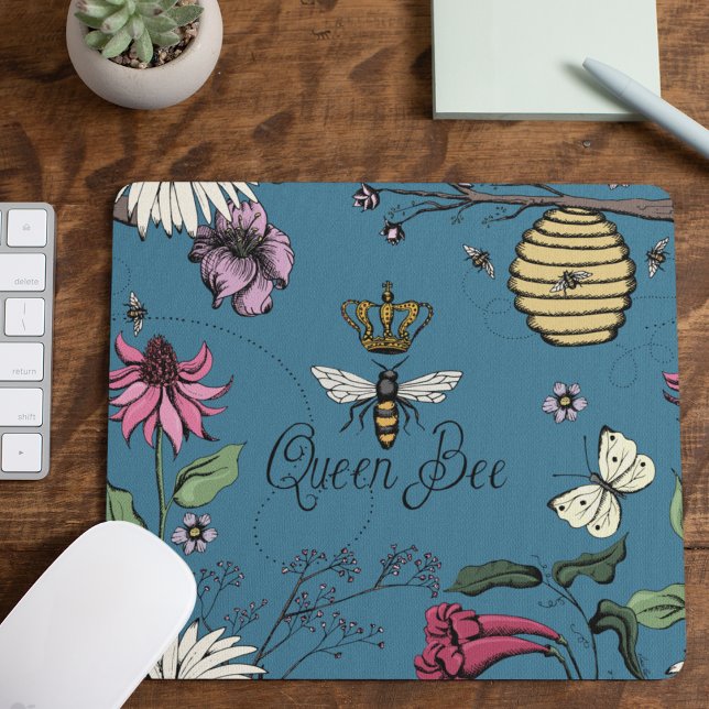 Blue Queen Bee Royal Crown Floral Pattern Mouse Mat (Blue Queen Bee Royal Crown Floral Pattern with Queen Bee, Crown, Exotic flowers, bees, beehive)