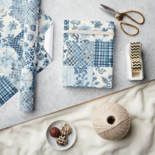 Blue Quilt Gingham Cottagecore Floral Wrapping Paper