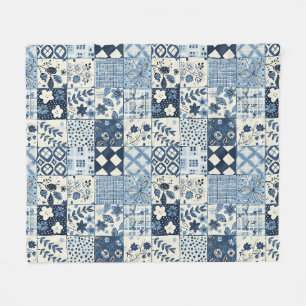 Blue Quilt Patchwork Gingham Cottagecore Floral Fleece Blanket