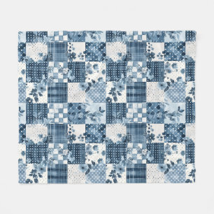 Blue Quilt Patchwork Gingham Cottagecore Floral Fleece Blanket