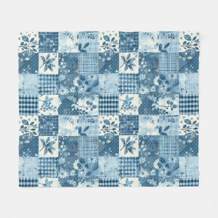 Blue Quilt Patchwork Gingham Cottagecore Floral Fleece Blanket