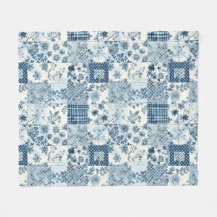 Blue Quilt Patchwork Gingham Cottagecore Floral Fleece Blanket
