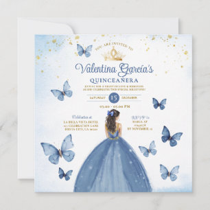 Blue Quinceañera 15 Anos Butterfly Gold Glitter Invitation