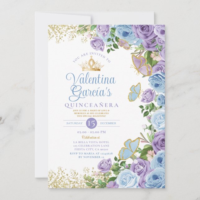 Blue Quinceañera 15 Anos Purple Flowers Gold Crown Invitation (Front)