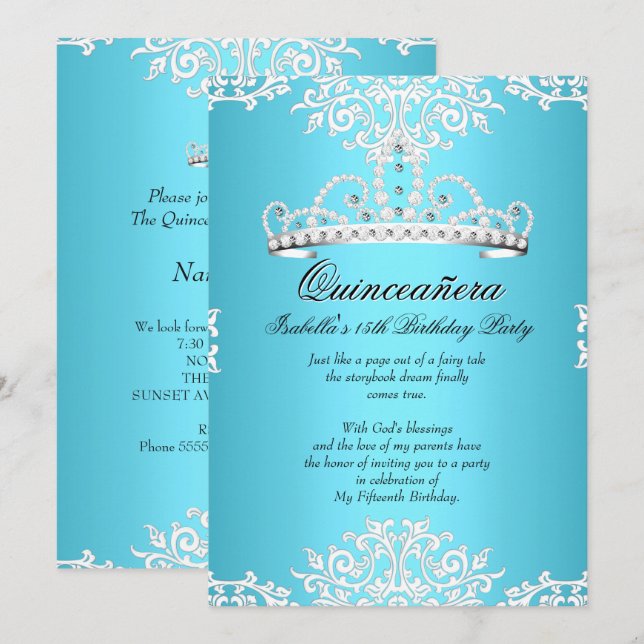 Blue Quinceanera 15th Birthday Party Tiara 3 Invitation (Front/Back)
