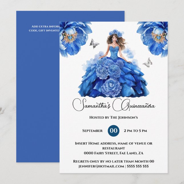 Blue Quinceañera ballgown peony floral flowers Invitation (Front/Back)