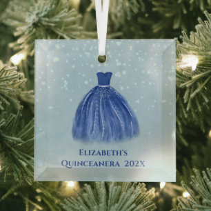 Blue Quinceanera Dress on Starry Blue with Name Glass Tree Decoration