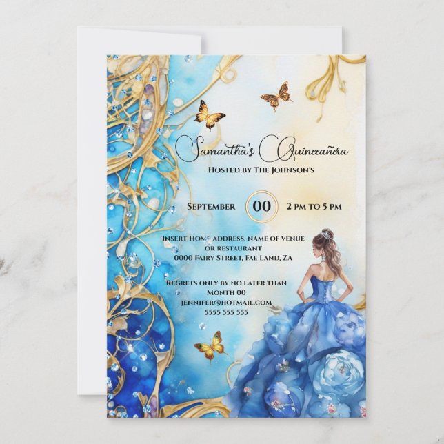 Blue Quinceañera glitter ballgown butterfly floral Invitation (Front)