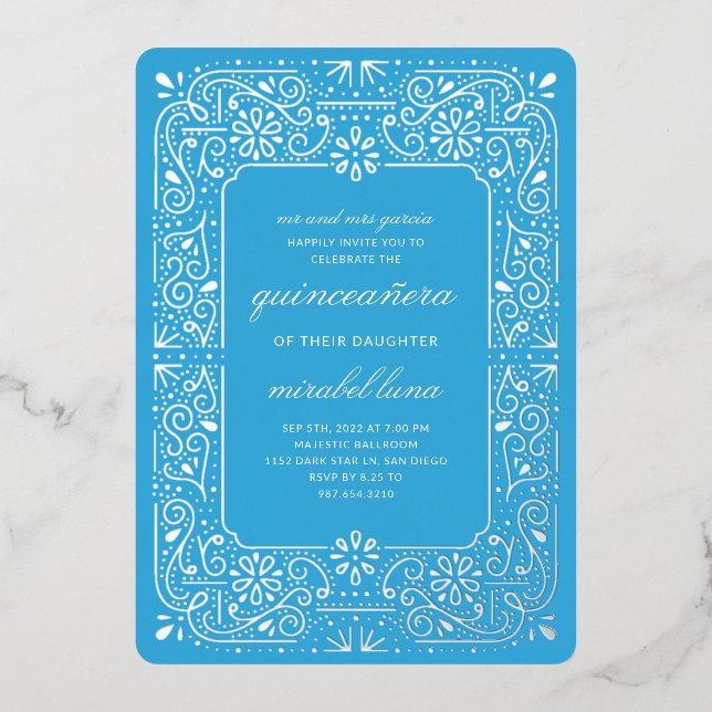 Blue Quinceañera invitaciones Foil Invitation (Front)
