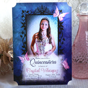 Blue Quinceanera Invitation, Pink Butterflies Invitation